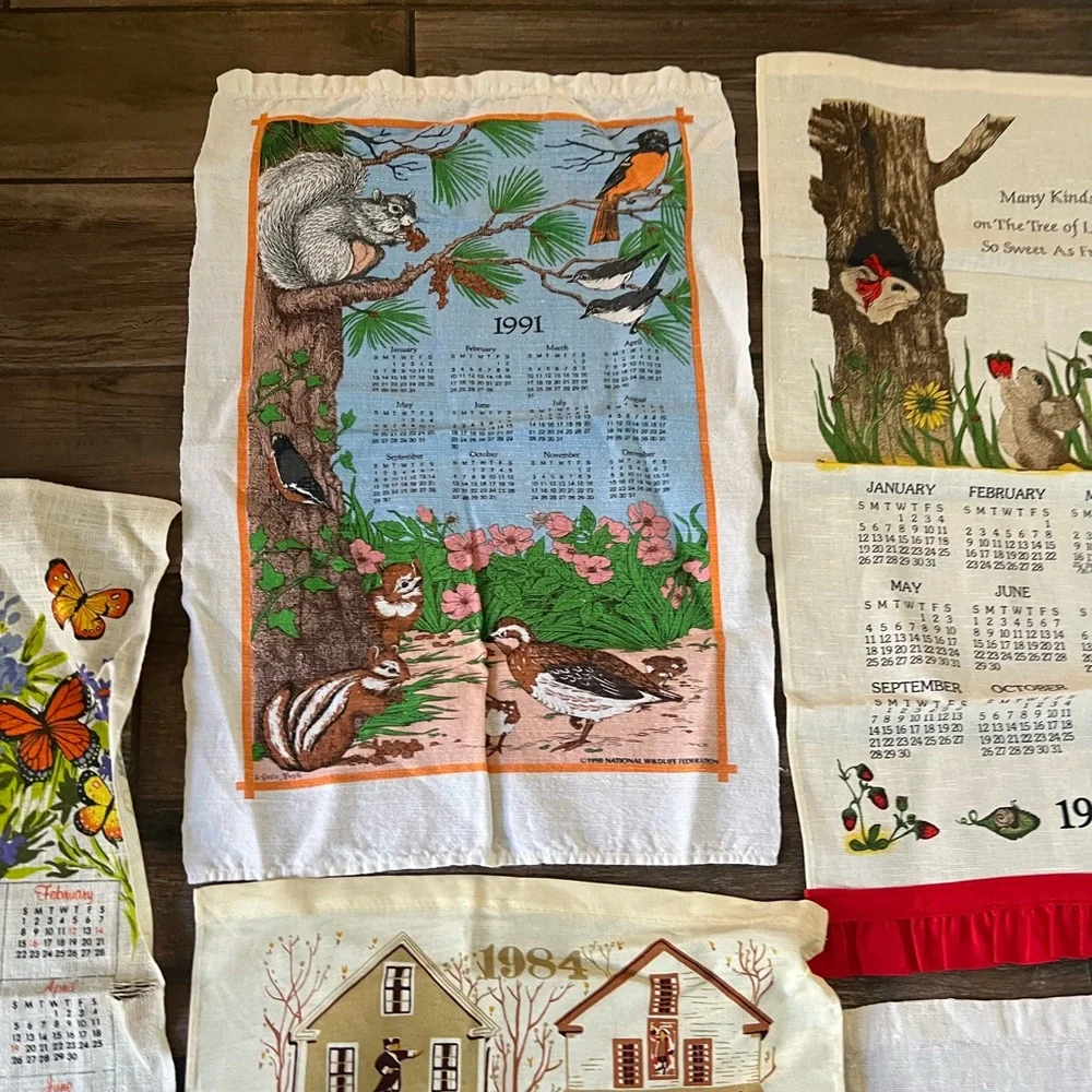 Lot 9 VTG 1980s Linen Calendar Towels Country Farmhouse Folk Kitchen Tea Towels - Picture 3 of 10